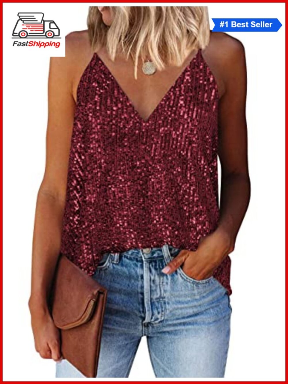 ✨ Sequin Tank Top Womens V Neck Racerback Sleeveless Sparkle Party Top